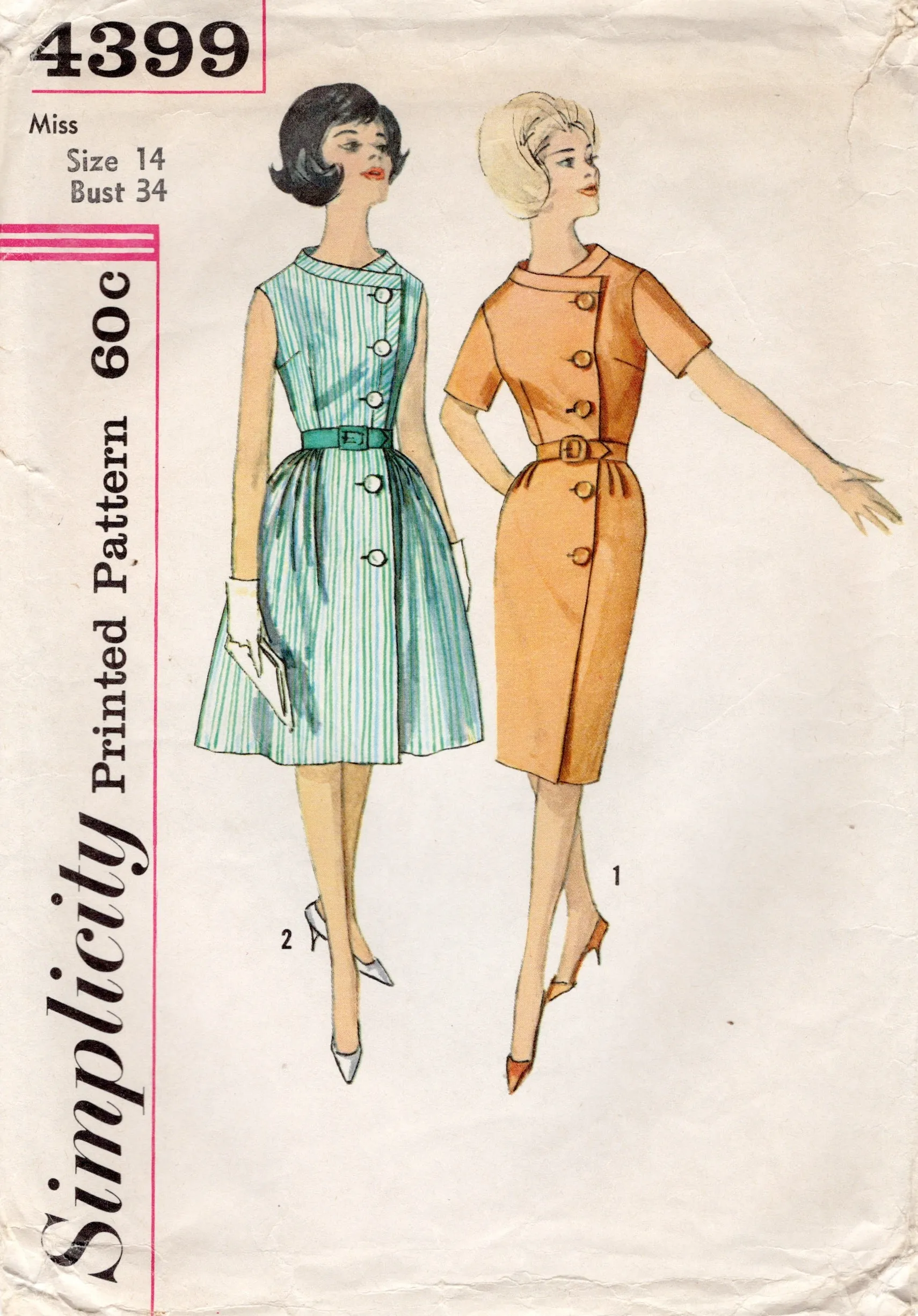 1960's Simplicity Wraparound Dress with Side Button Closure with Two Skirt Options - Bust 34" - No. 4399