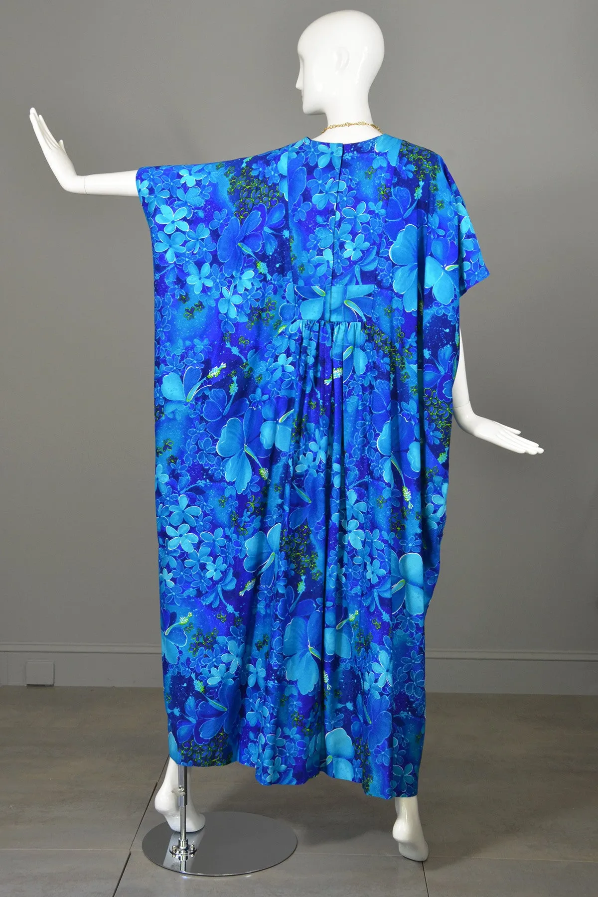 1970s Blue Orchid Hawaiian Maxi Cascading Caftan