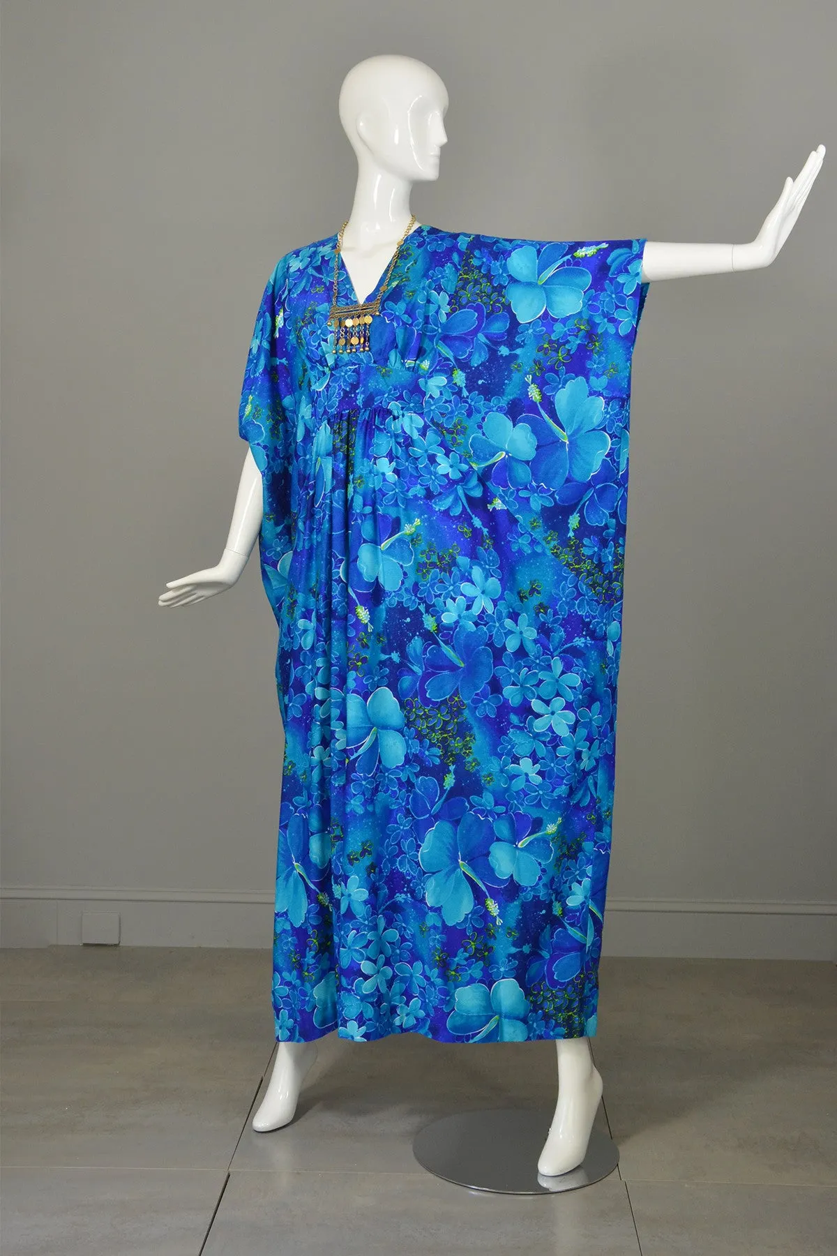 1970s Blue Orchid Hawaiian Maxi Cascading Caftan