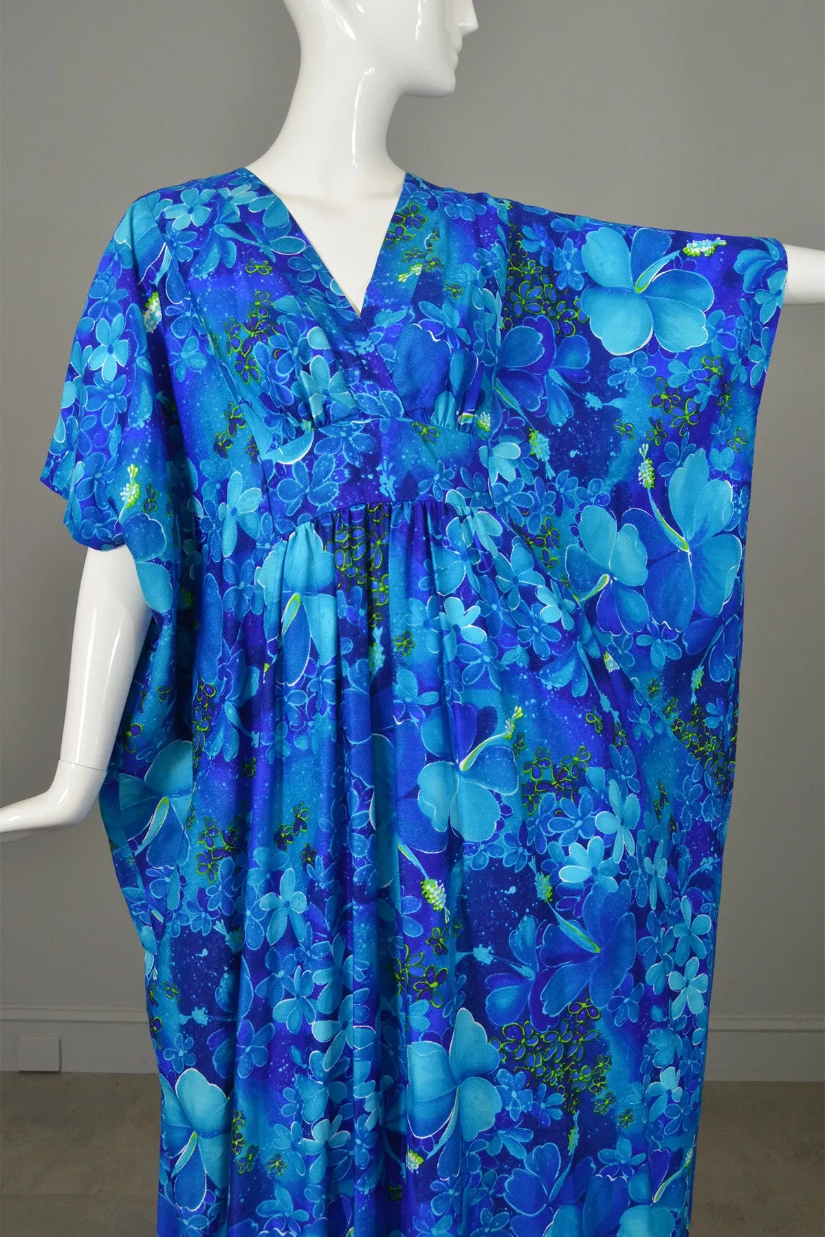 1970s Blue Orchid Hawaiian Maxi Cascading Caftan