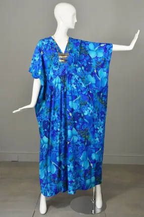 1970s Blue Orchid Hawaiian Maxi Cascading Caftan