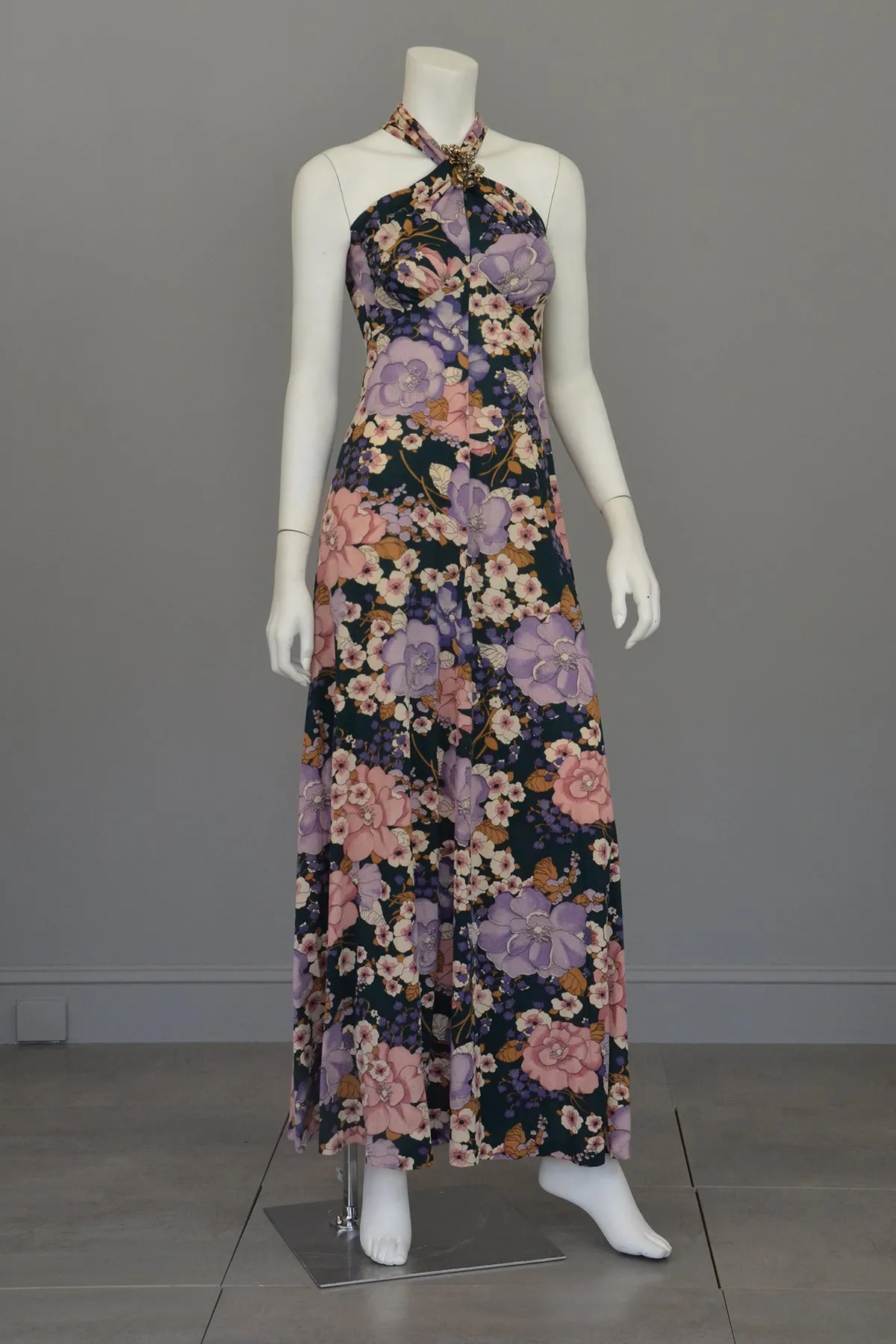 1970s Twisted Halter Keyhole Floral Print Maxi Dress   Matching Jacket