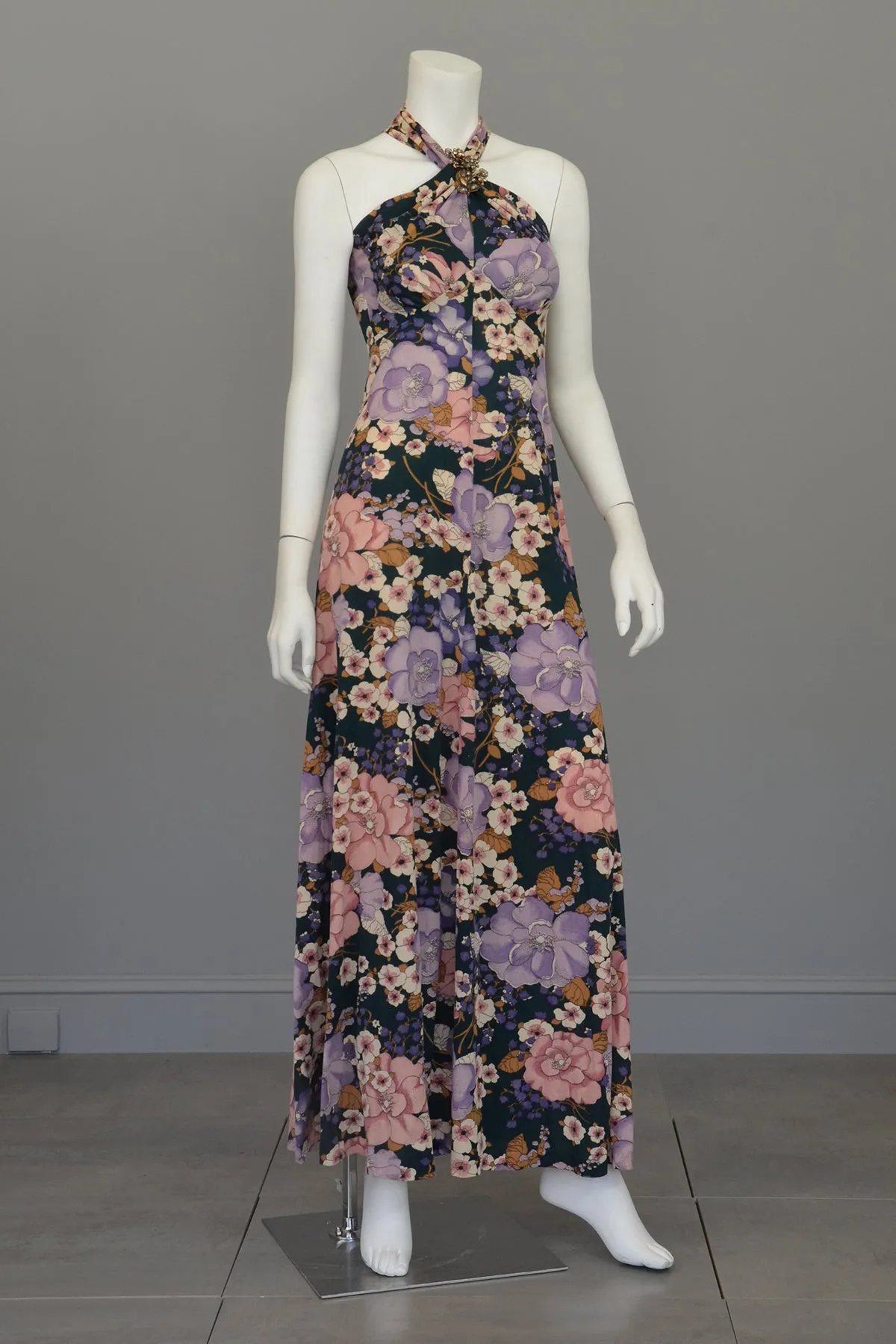 1970s Twisted Halter Keyhole Floral Print Maxi Dress   Matching Jacket