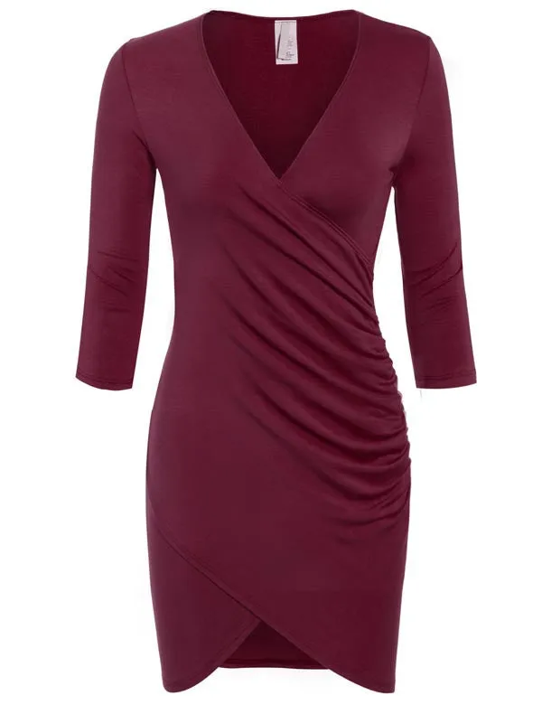 3/4 Sleeve Front Wrap Ruched Shirred Slim Fit Mini Dress