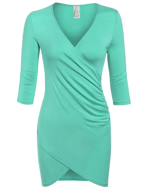 3/4 Sleeve Front Wrap Ruched Shirred Slim Fit Mini Dress