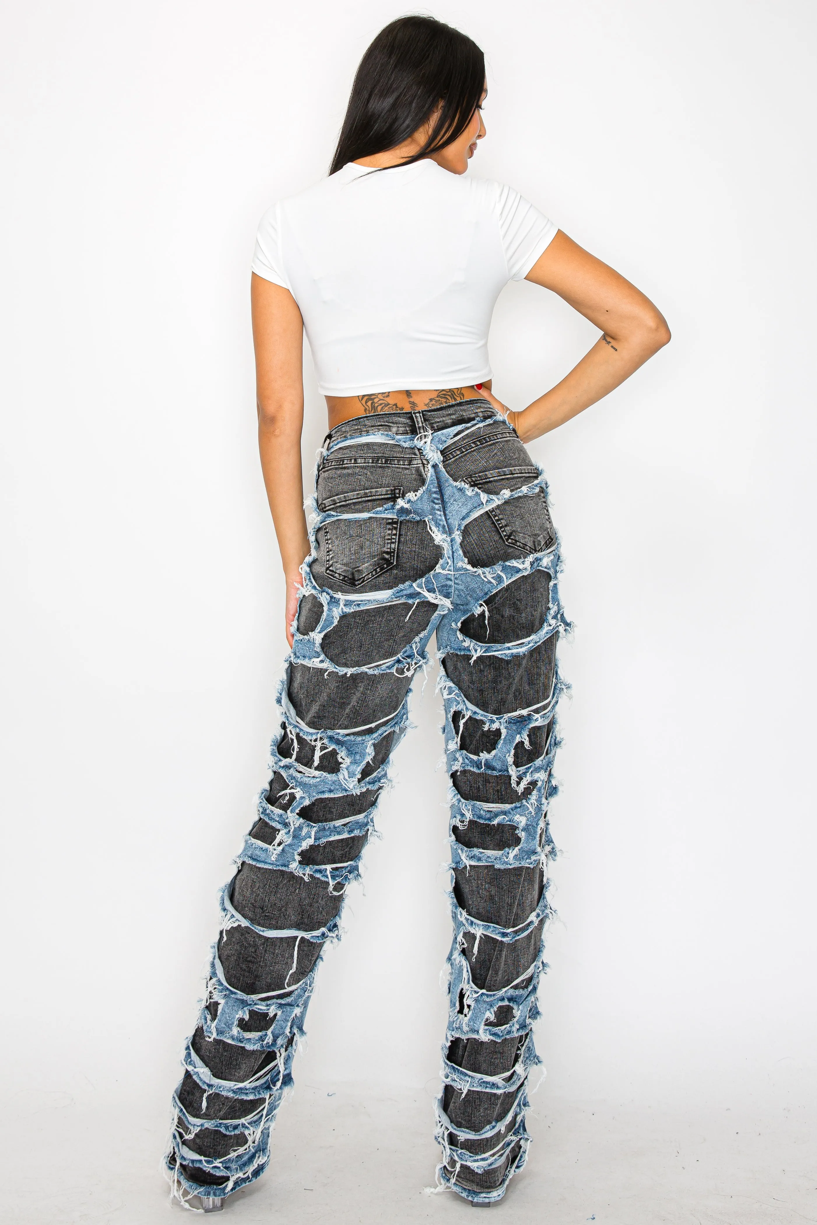 40663 High Rise Straight Leg Acid Washed Jeans W/ Frayed Outer Layer Contrast