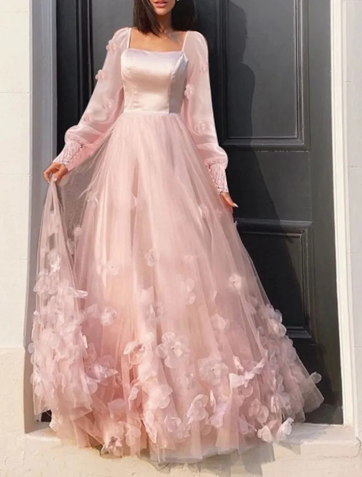 A-Line Prom Dresses Maxi Dress Sweet 16 Birthday Floor Length Long Sleeve Scoop Neck Tulle with Appliques     fg4061