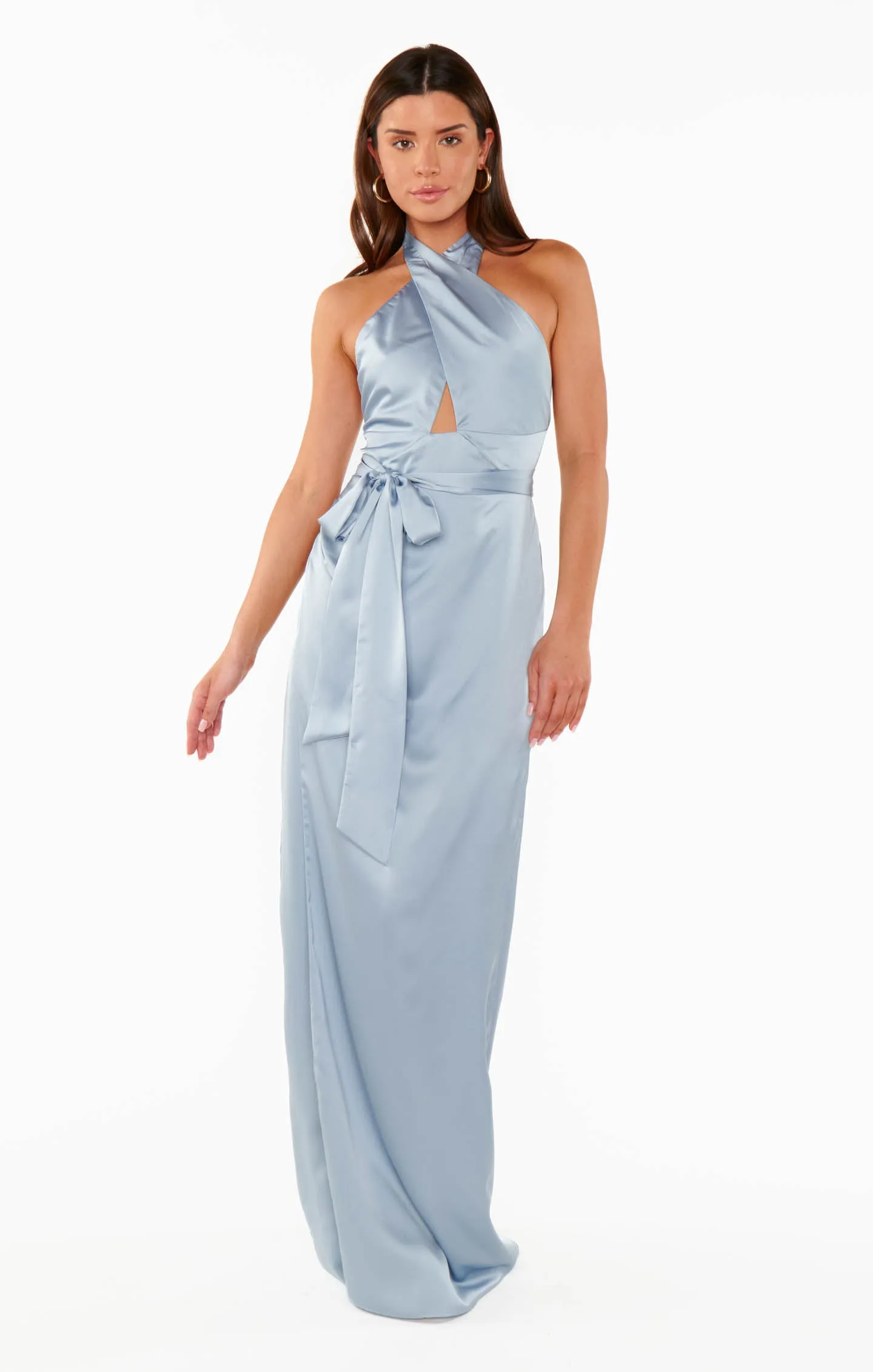 Adele Halter Maxi Dress ~ Steel Blue Luxe Satin