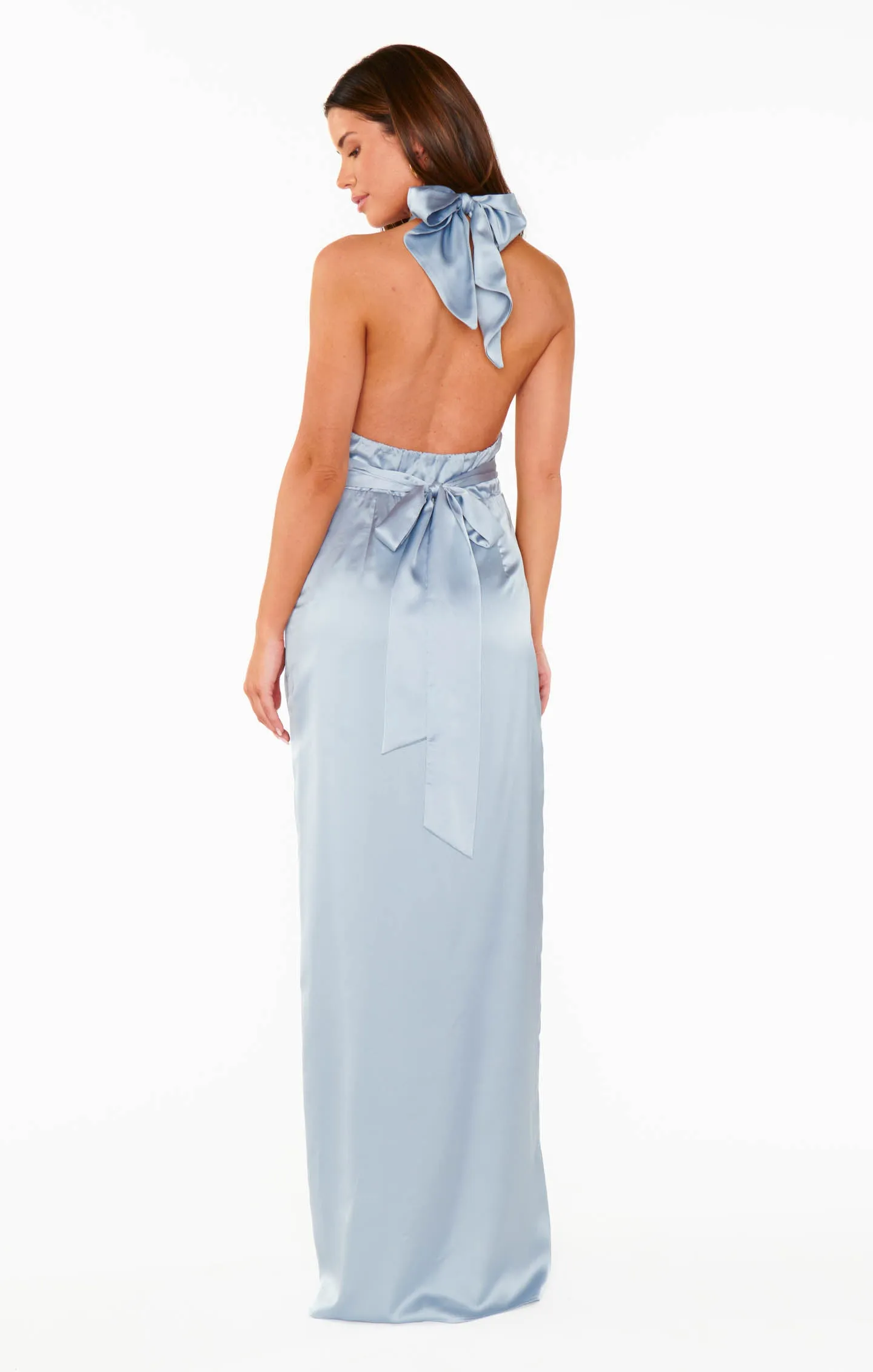 Adele Halter Maxi Dress ~ Steel Blue Luxe Satin