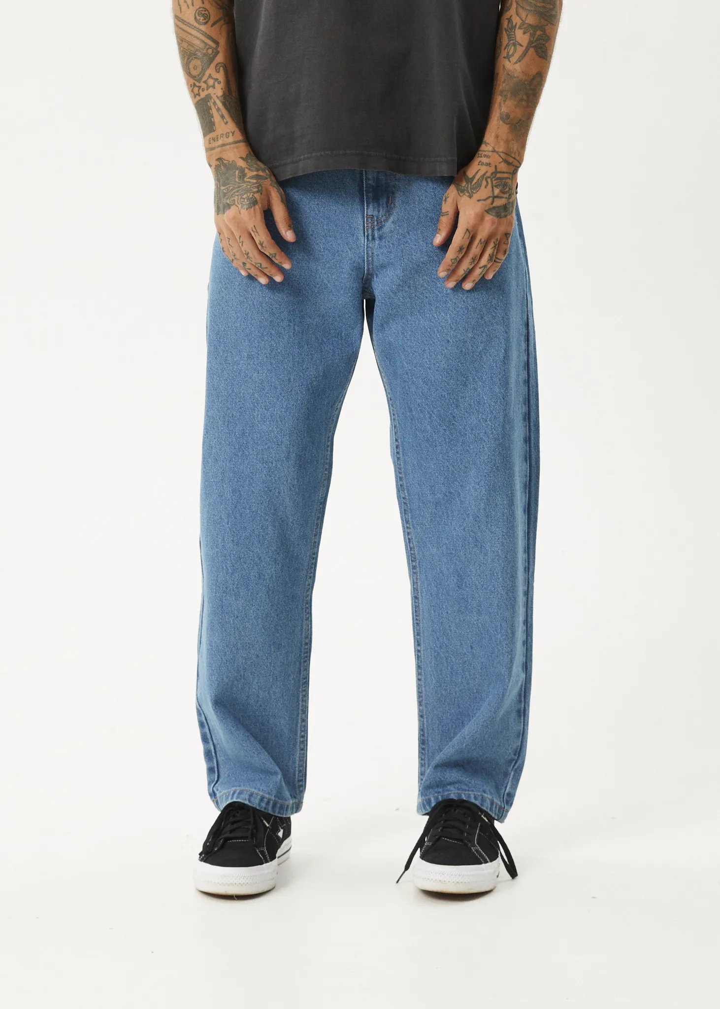 AFENDS Mens Ninety Two's - Denim Relaxed Jeans - Worn Blue