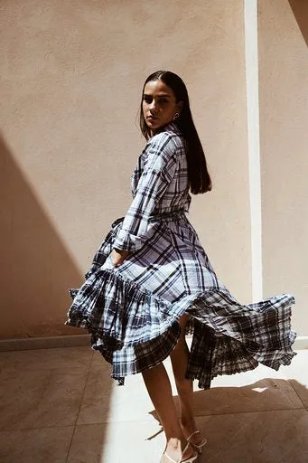 Asymmetric wrap Checks Dress