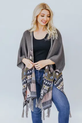 Baby I'm Yours Aztec Detail Poncho Double Slit Cardigan in Olive