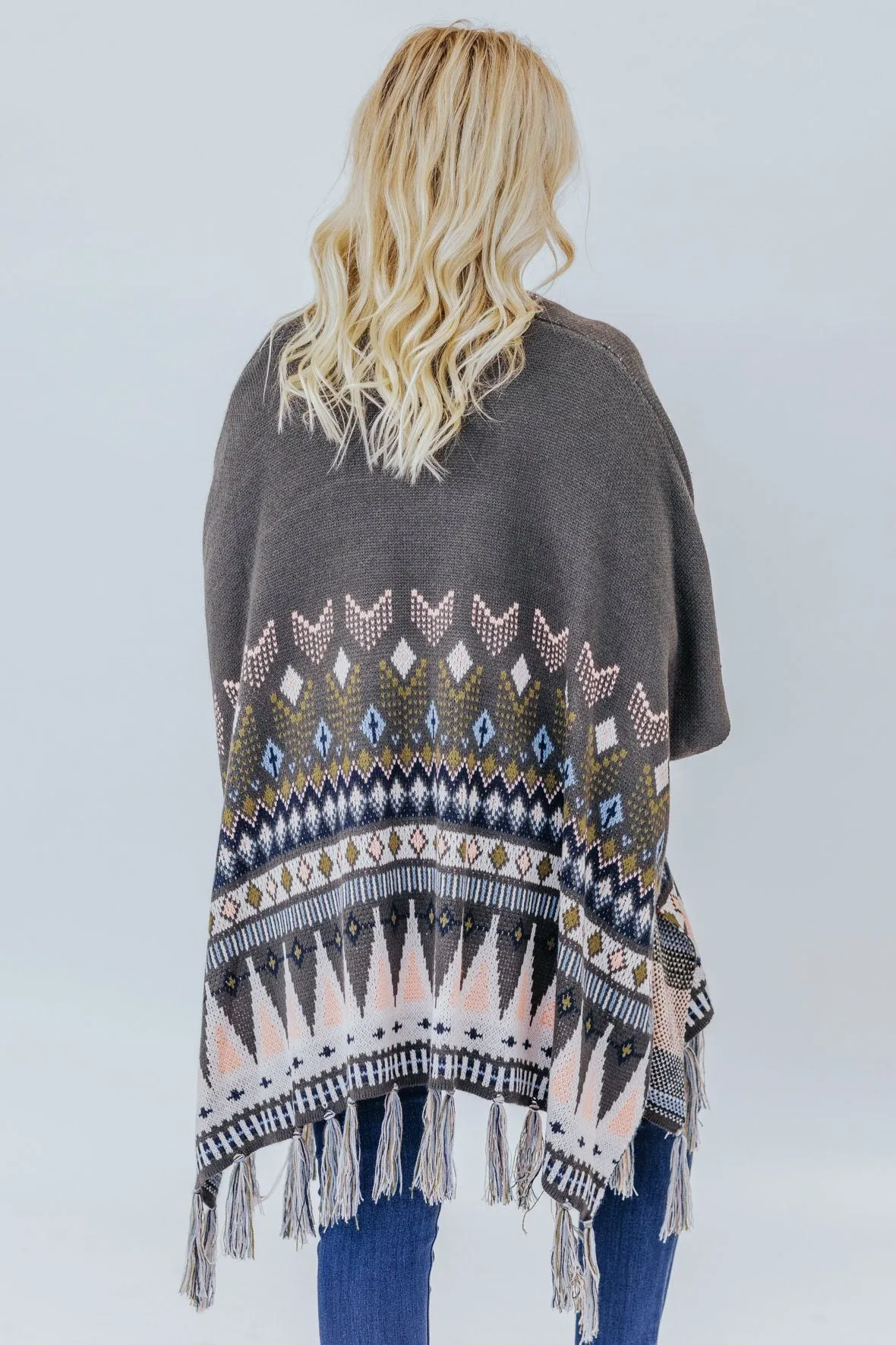 Baby I'm Yours Aztec Detail Poncho Double Slit Cardigan in Olive