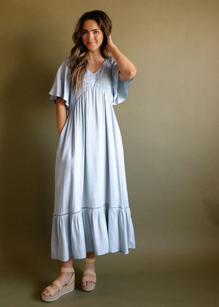 Bergamot, Smocked Bodice, Maxi Dress, Tiered, Pale Blue