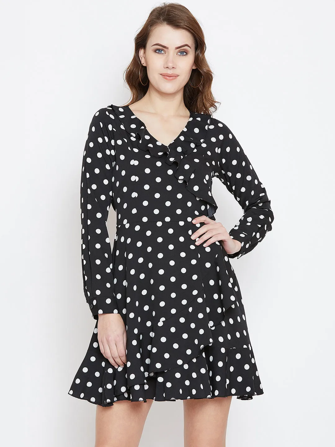 Berrylush Women Black & White Polka Dot Printed V-Neck Flounce Wrap Mini Dress