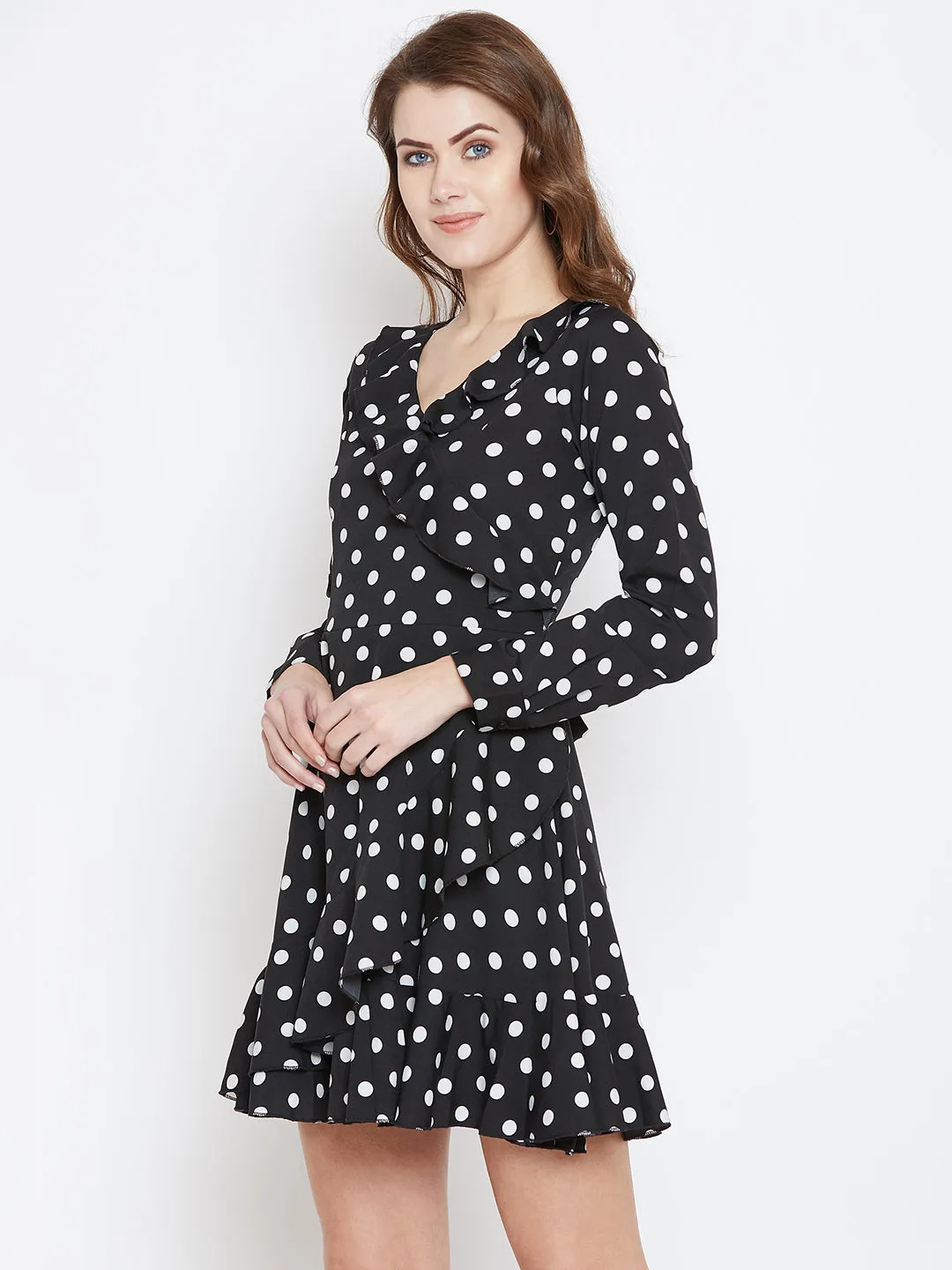 Berrylush Women Black & White Polka Dot Printed V-Neck Flounce Wrap Mini Dress