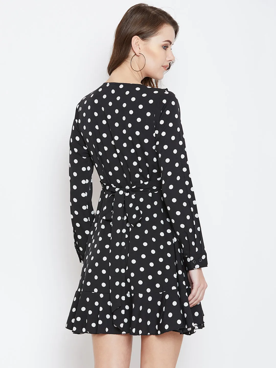 Berrylush Women Black & White Polka Dot Printed V-Neck Flounce Wrap Mini Dress