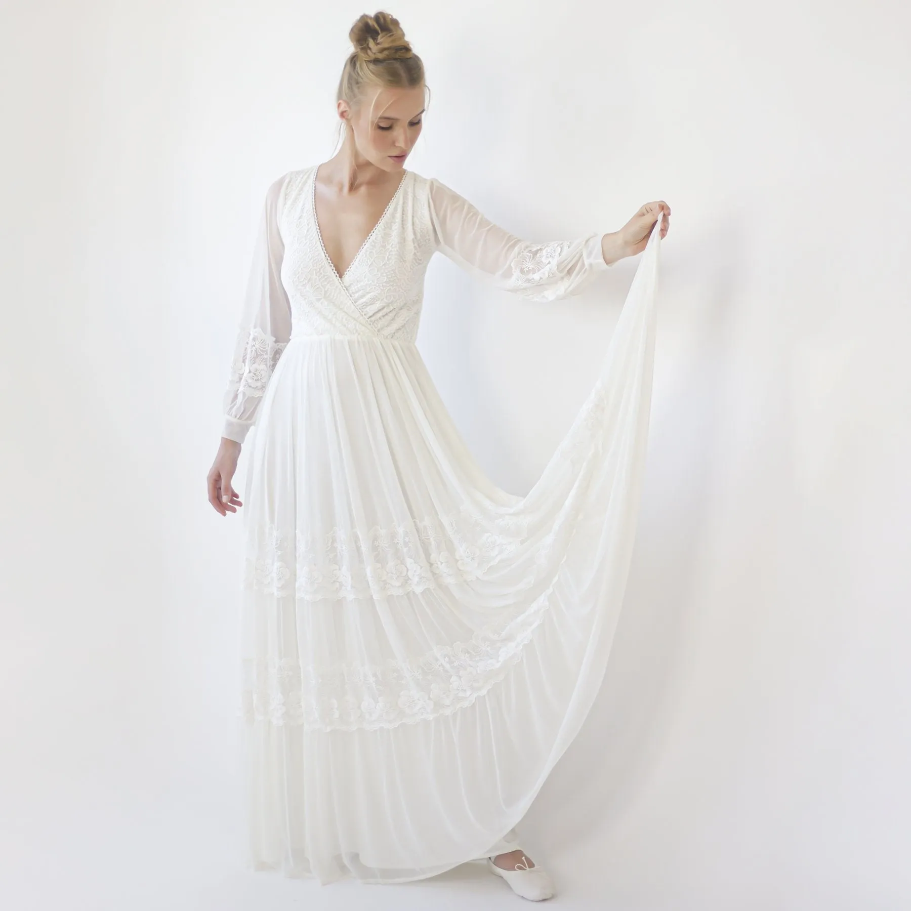 Bestseller Ivory Wrap Lace Wedding Dress With Chiffon Mesh Sleeves