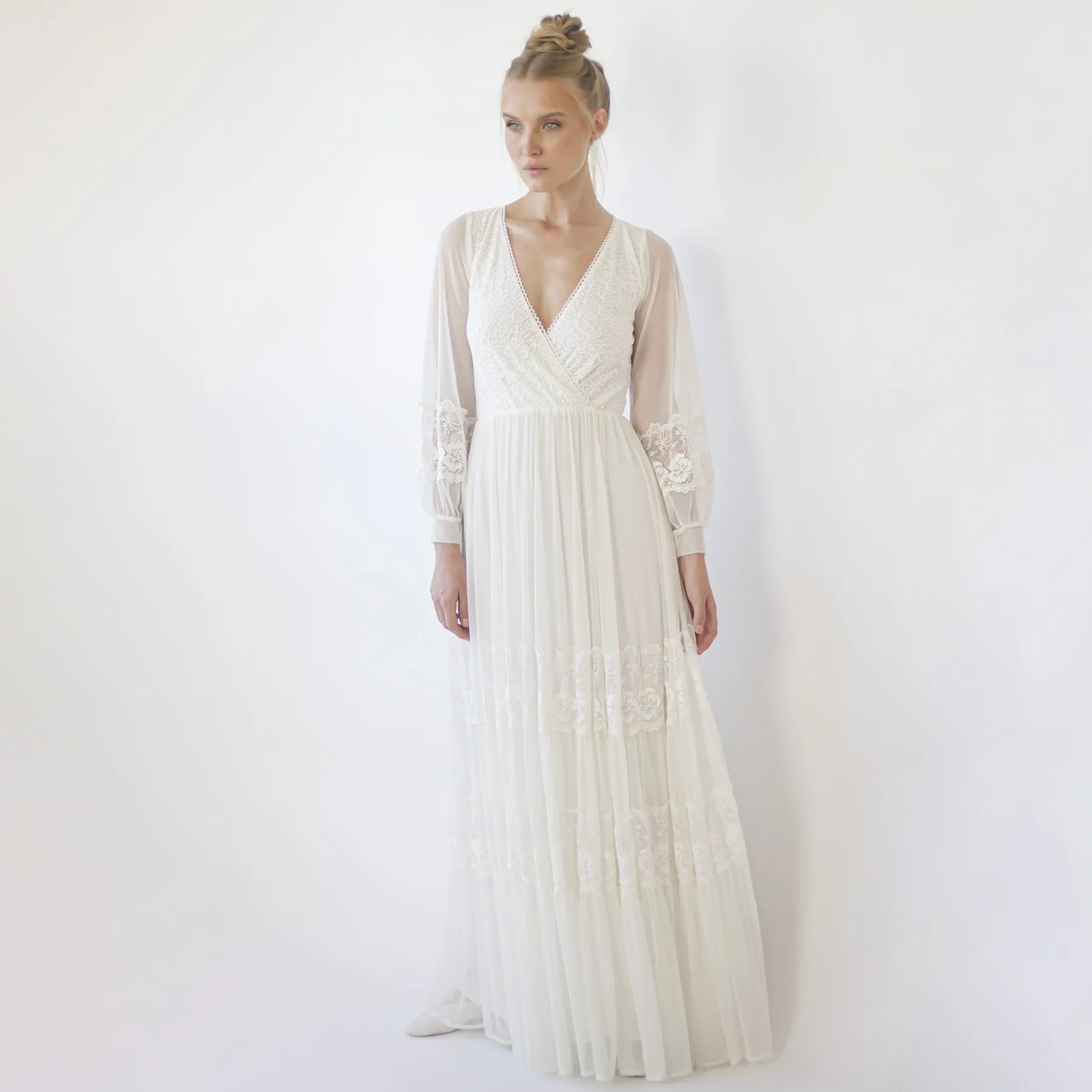 Bestseller Ivory Wrap Lace Wedding Dress With Chiffon Mesh Sleeves