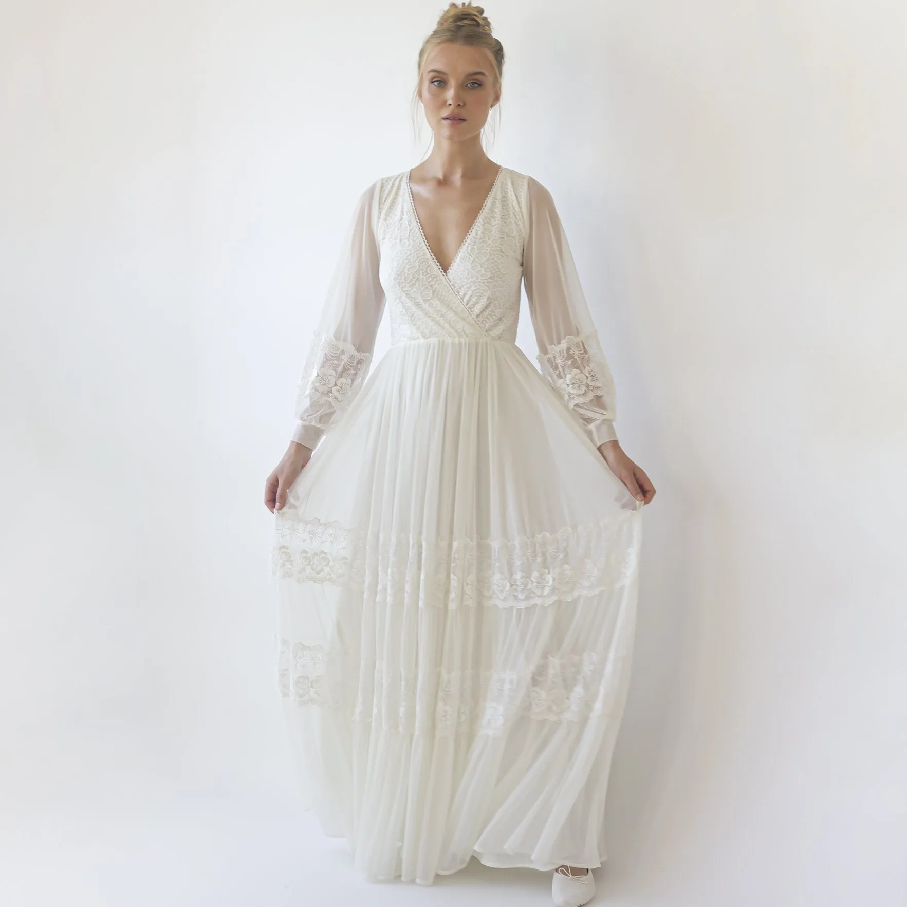 Bestseller Ivory Wrap Lace Wedding Dress With Chiffon Mesh Sleeves