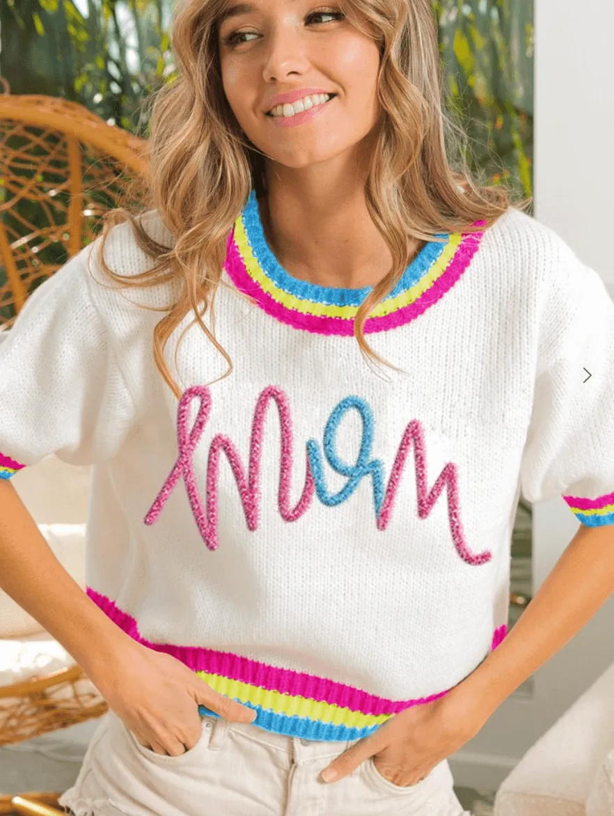 BiBi "MoM" Metallic Letter Short Sleeve Sweater Top IP6625-36