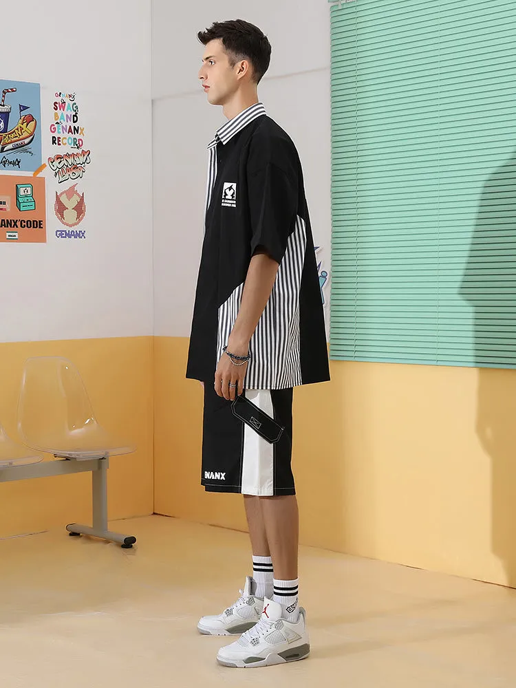 Black and white contrast side stripe letter print baggy quarter shorts with multiple pockets