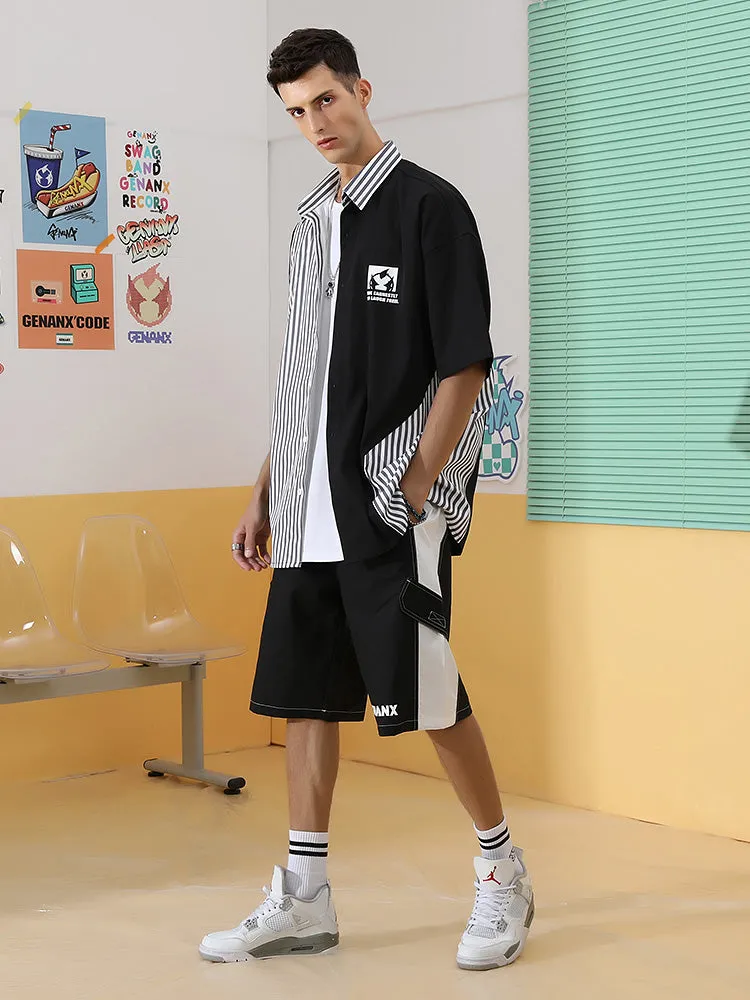 Black and white contrast side stripe letter print baggy quarter shorts with multiple pockets