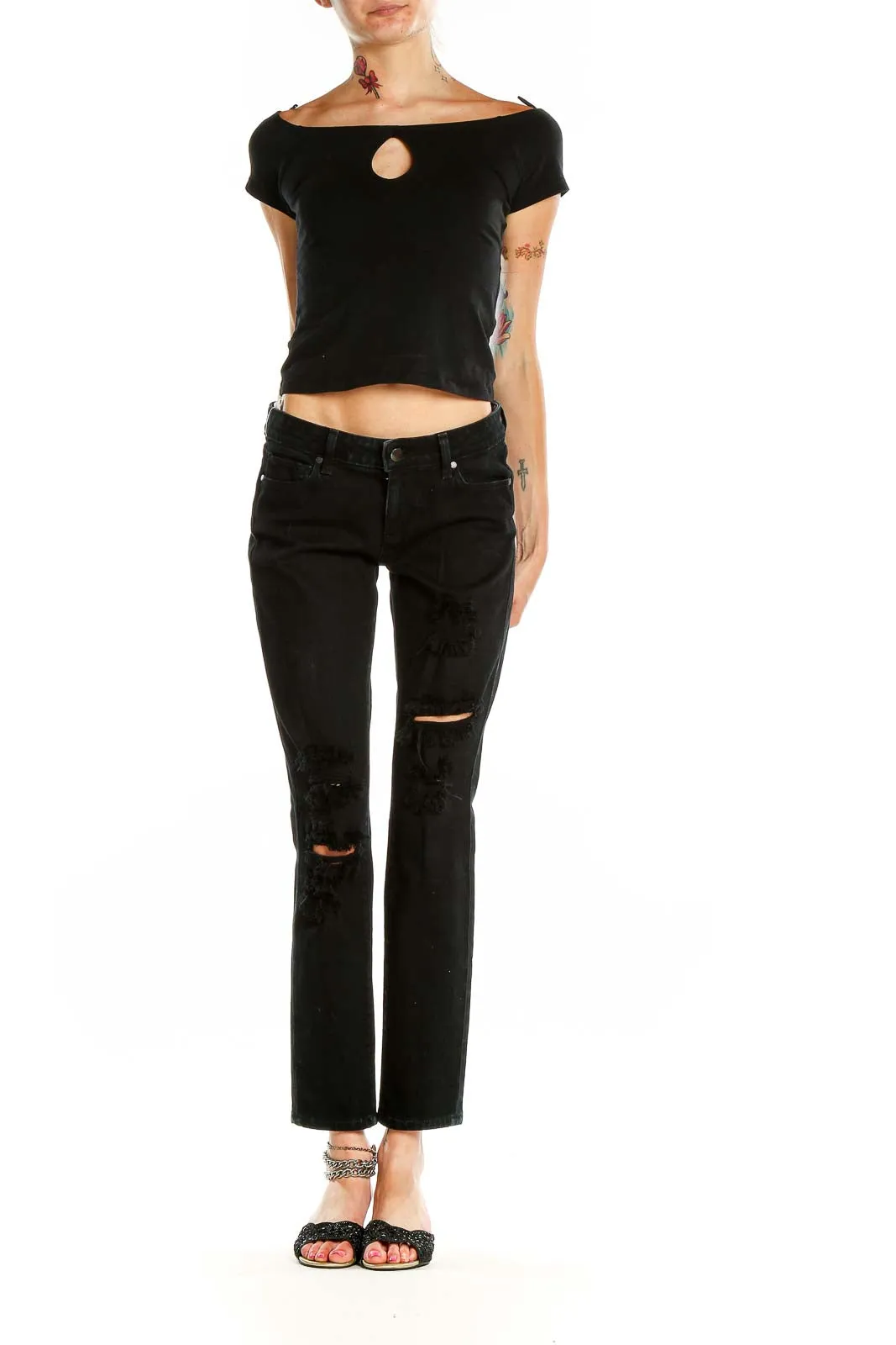 Black Distressed Straight Leg Jeans