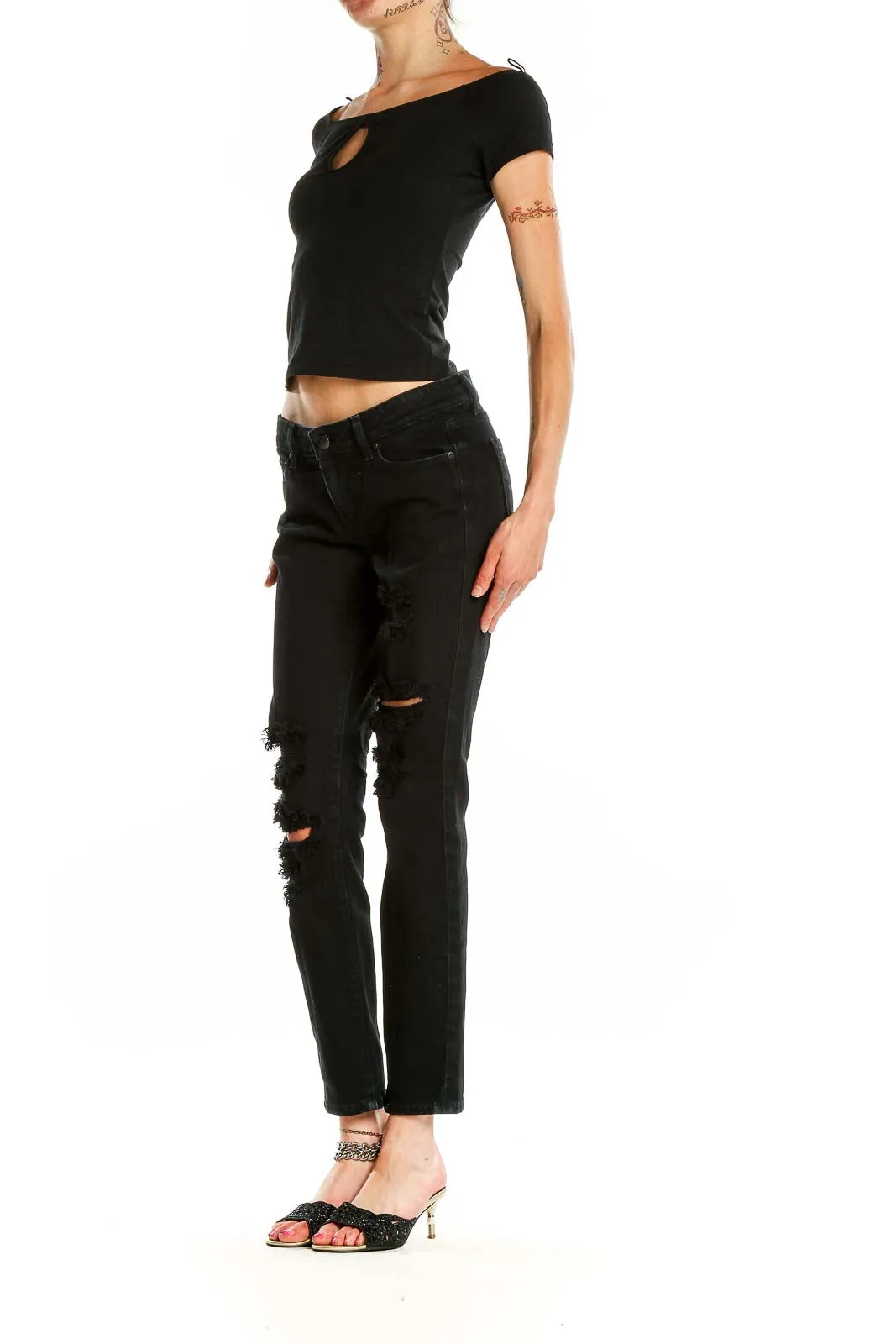 Black Distressed Straight Leg Jeans