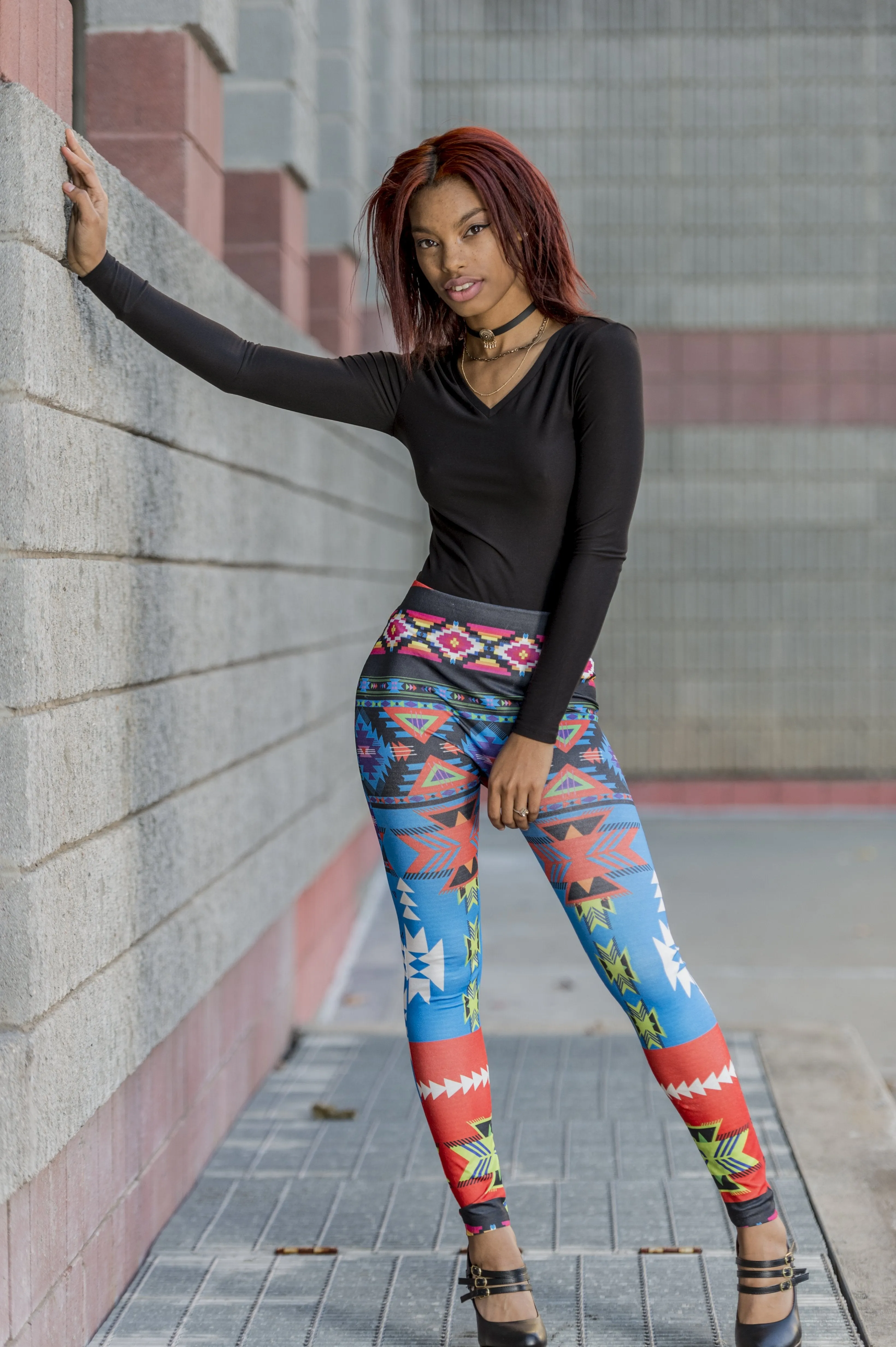 Blue Abstract Chevron Tribal Print Graphic Legging