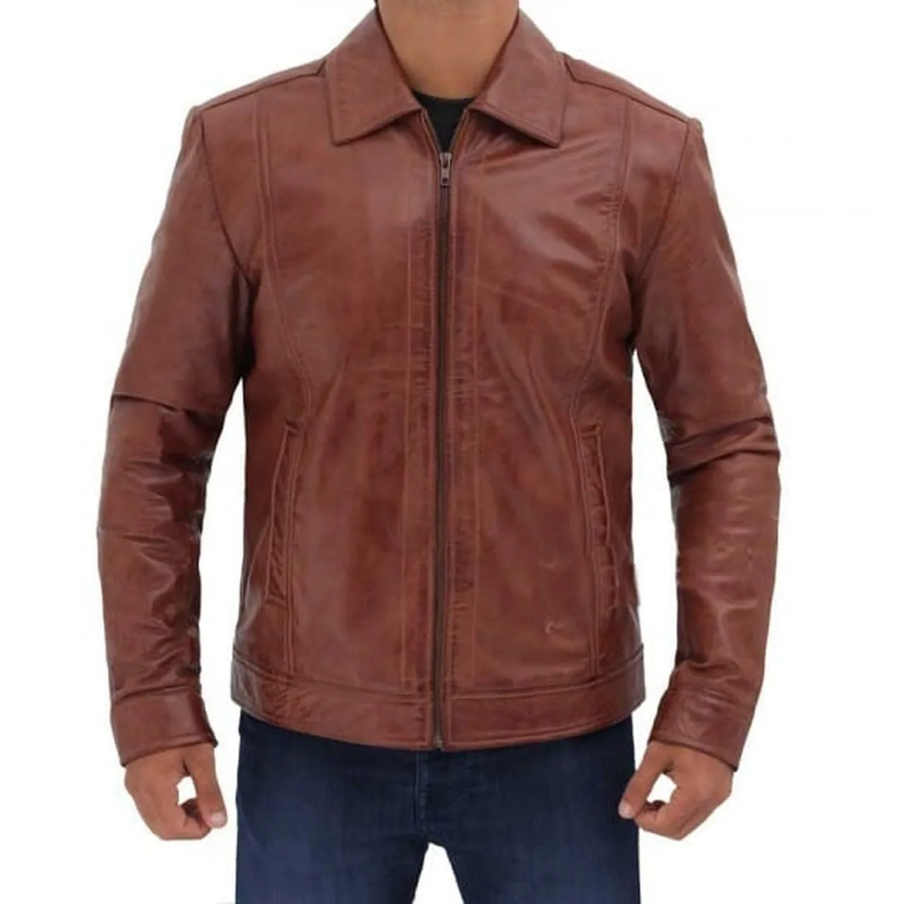 Brown Distressed Leather Jacket for Men