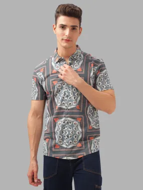 BULLMER Grey Trendy Regular Fit Printed Causal Half sleeve Shirt For Men