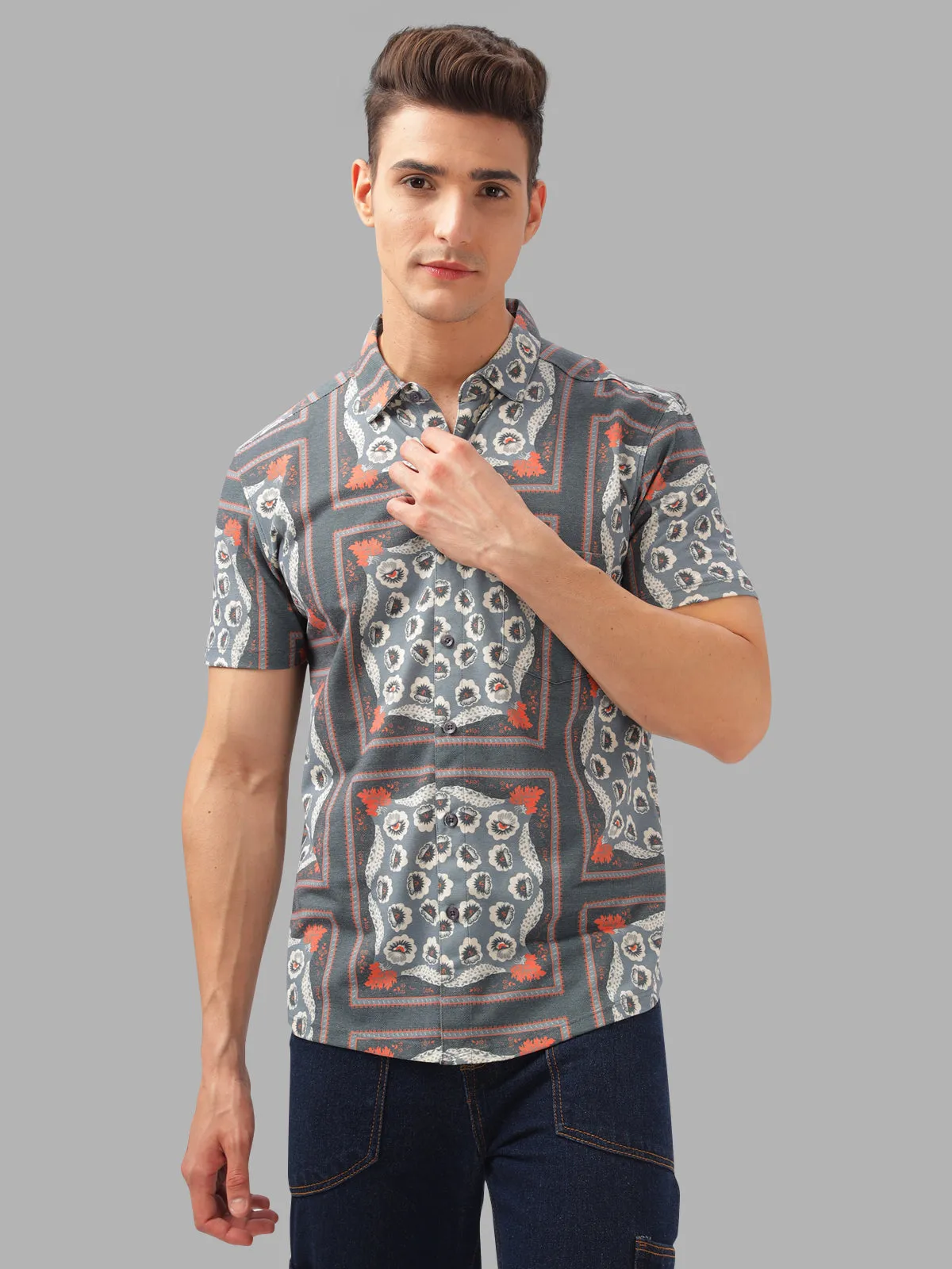 BULLMER Grey Trendy Regular Fit Printed Causal Half sleeve Shirt For Men