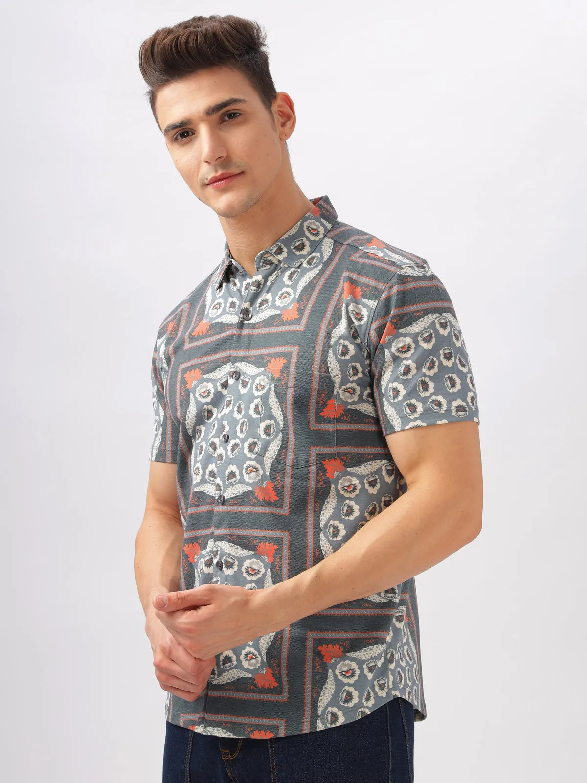 BULLMER Grey Trendy Regular Fit Printed Causal Half sleeve Shirt For Men