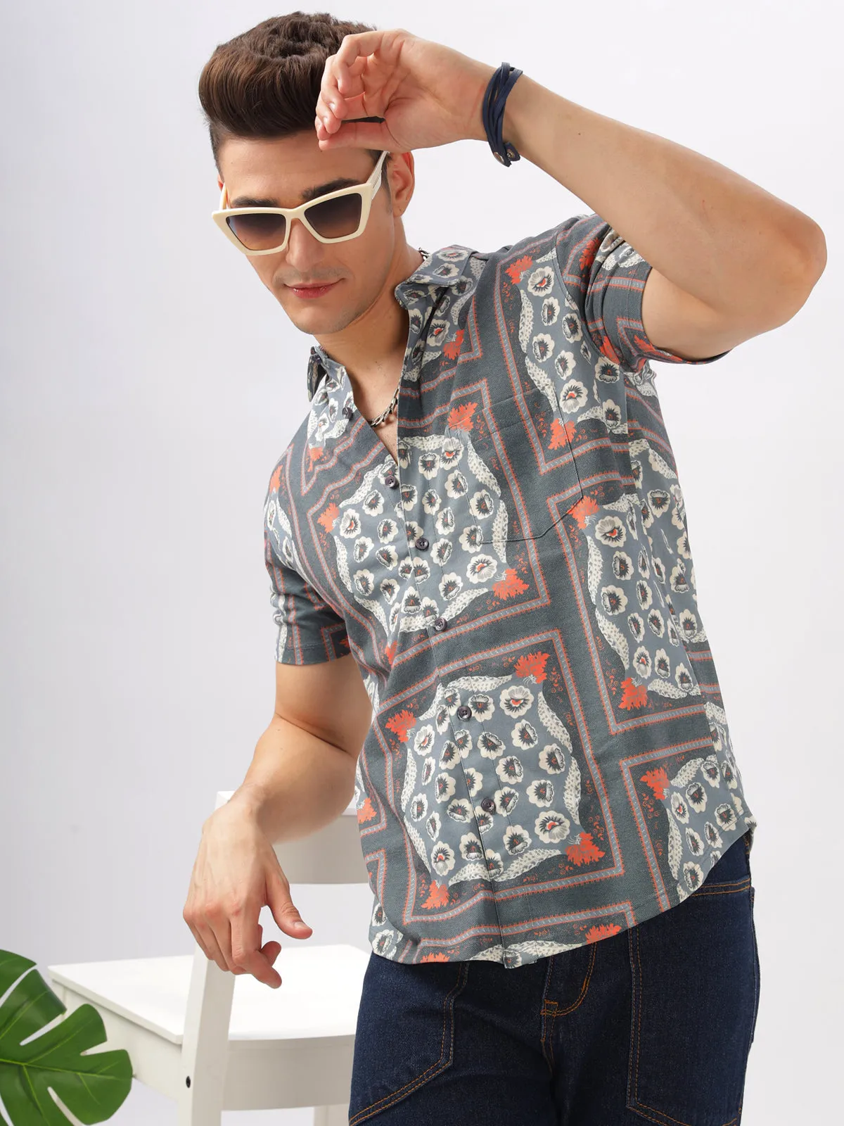 BULLMER Grey Trendy Regular Fit Printed Causal Half sleeve Shirt For Men