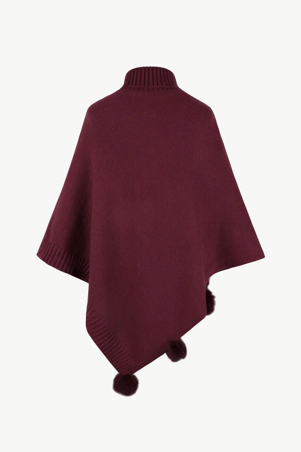 Cable-Knit Pompom Trim Turtleneck Poncho