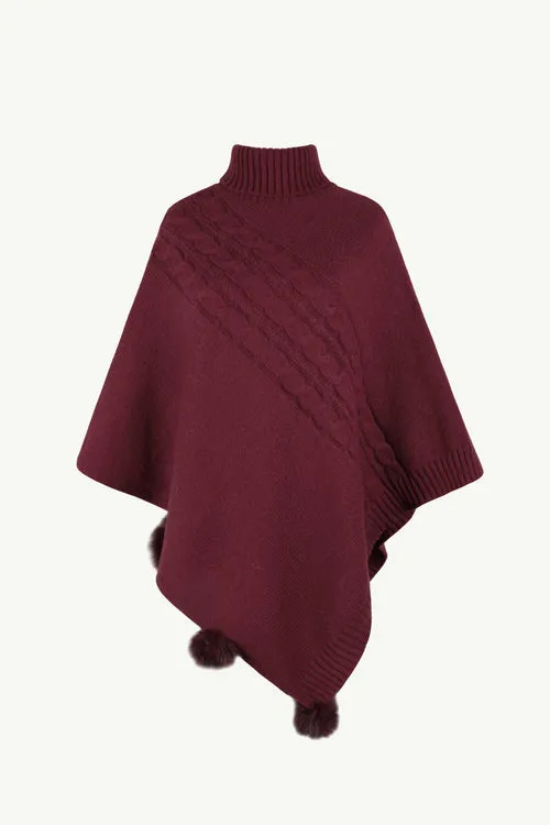 Cable-Knit Pompom Trim Turtleneck Poncho