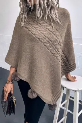 Cable-Knit Pompom Trim Turtleneck Poncho