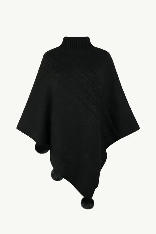 Cable-Knit Pompom Trim Turtleneck Poncho