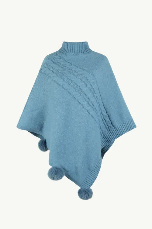 Cable-Knit Pompom Trim Turtleneck Poncho