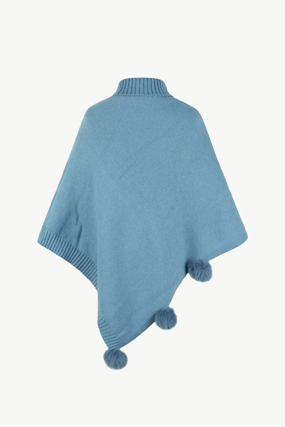 Cable-Knit Pompom Trim Turtleneck Poncho