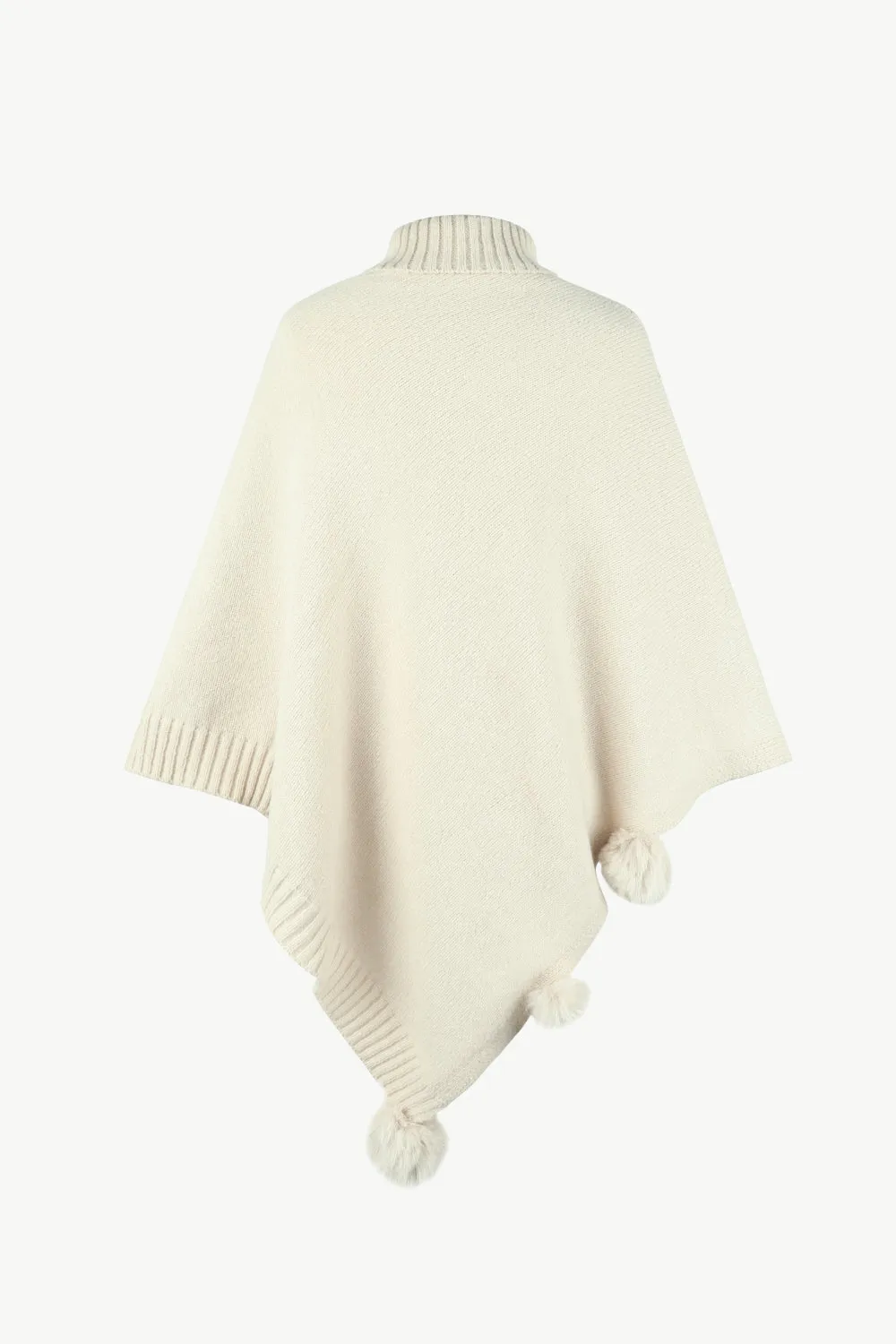 Cable-Knit Pompom Trim Turtleneck Poncho