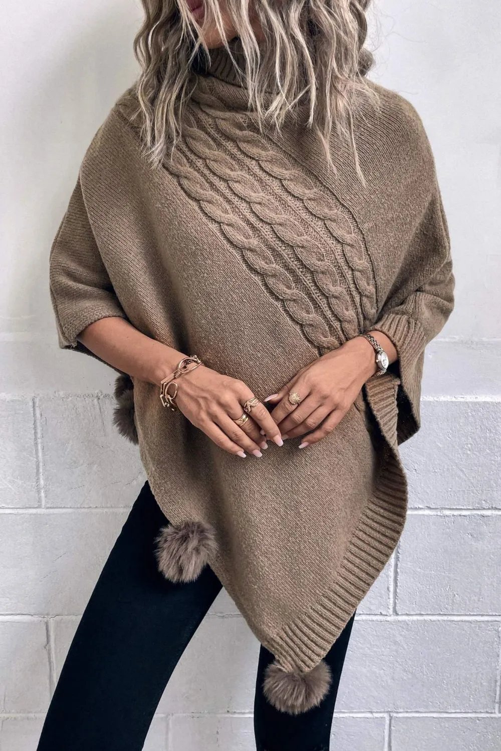 Cable-Knit Pompom Trim Turtleneck Poncho