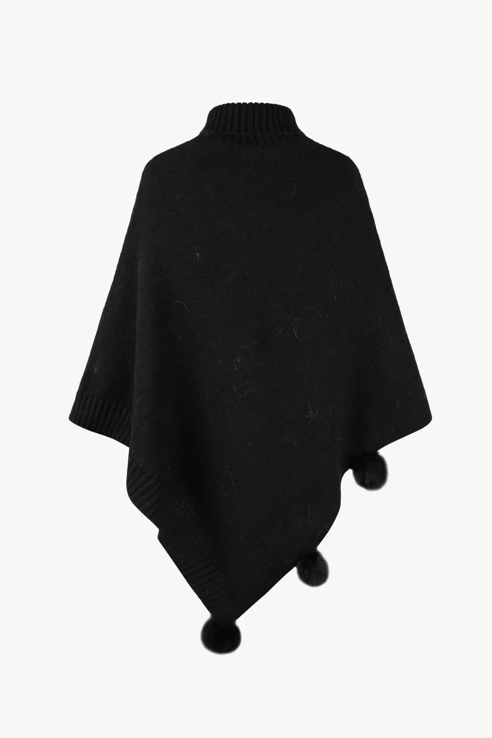 Cable-Knit Pompom Trim Turtleneck Poncho