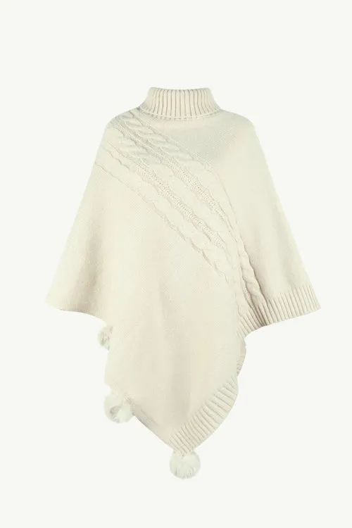 Cable-Knit Pompom Trim Turtleneck Poncho