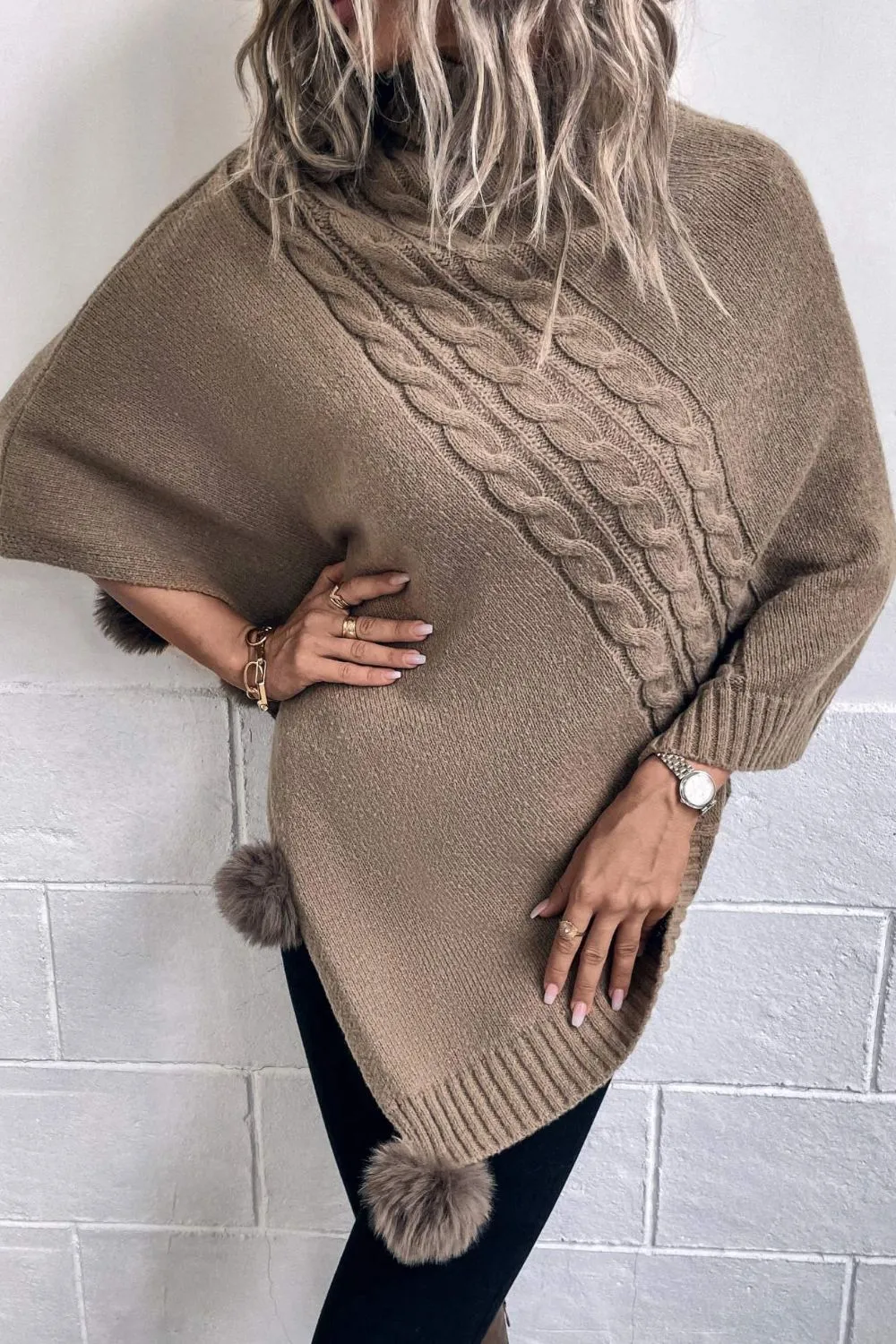 Cable-Knit Pompom Trim Turtleneck Poncho