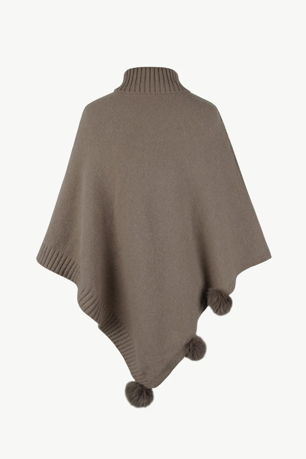 Cable-Knit Pompom Trim Turtleneck Poncho