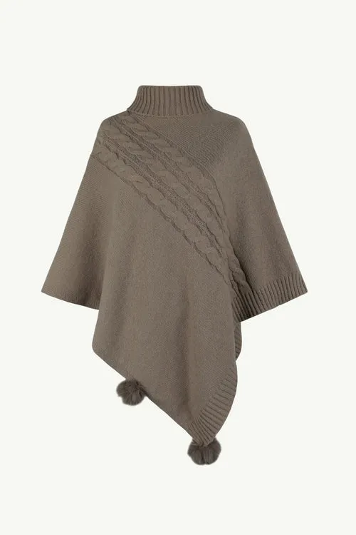 Cable-Knit Pompom Trim Turtleneck Poncho