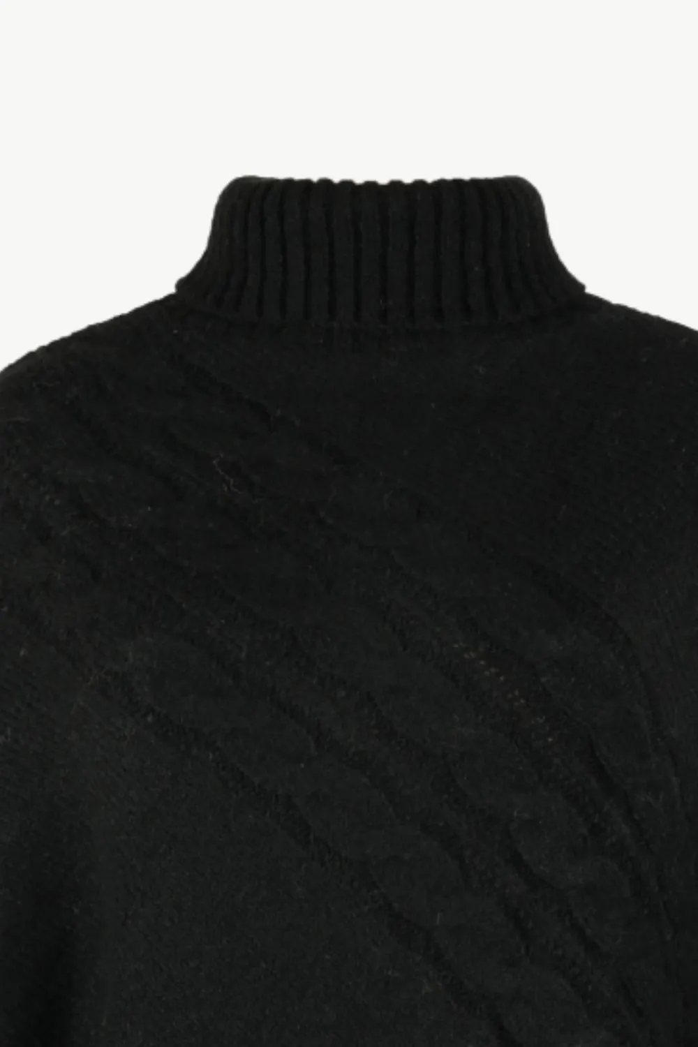 Cable-Knit Pompom Trim Turtleneck Poncho