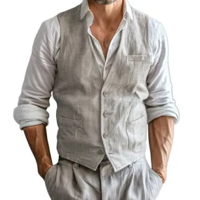 Casual Cotton Linen V-neck Single-breasted Patch Pockets Vest